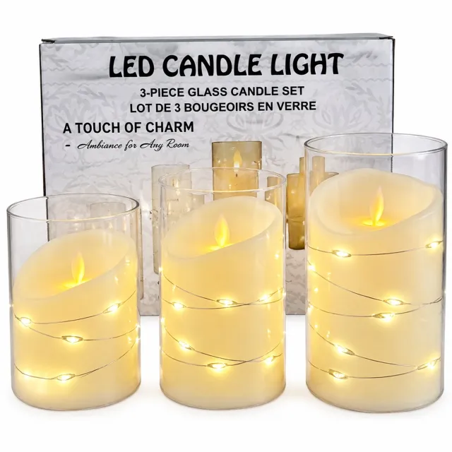 SWGOTA led kaarsen, set van 3, oplaadbaar, bewegende vlam, schuine bovenkant en lichtsnoer, transparante houders, warm licht, in geschenkdoos Ivoor