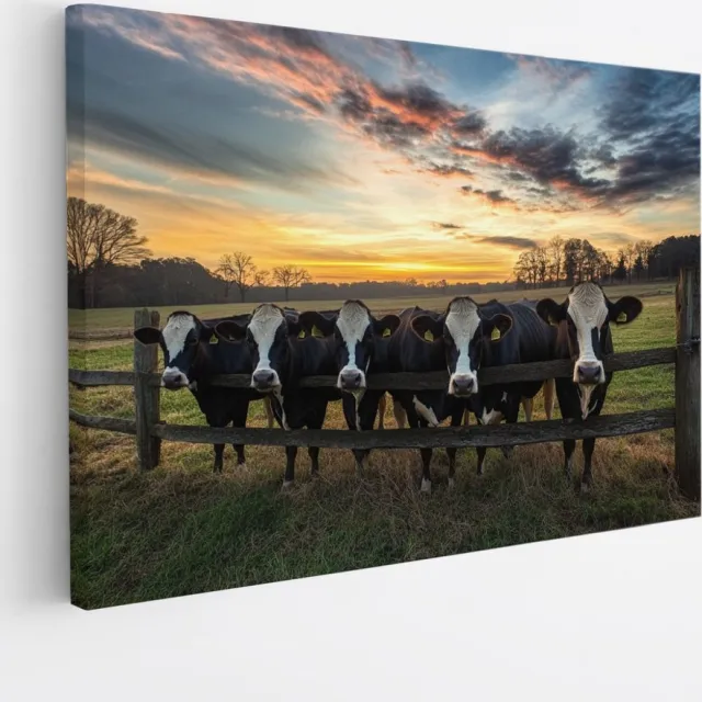 Saammp Canvas Schilderij - Koeien bij een hek - Dieren - Natuur - 50x40 - Foto op canvas - Wanddecoratie - Muurdecoratie Woonkamer - Slaapkamer decoratie - Canvas Print Multicolor