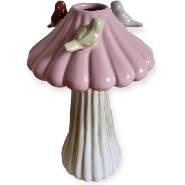 DK design Daan Kromhout - Vaas - Paddenstoel - Met Vogeltjes - Creme - Roze -16x25cm Beige