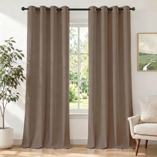 Famanu Verduisterende gordijnen set van 2, 140 x 240 cm, met ringen, thermisch en geluiddempend, voor slaapkamer en woonkamer, lichte koffie, ideaal voor het verminderen van warmte in de zomer