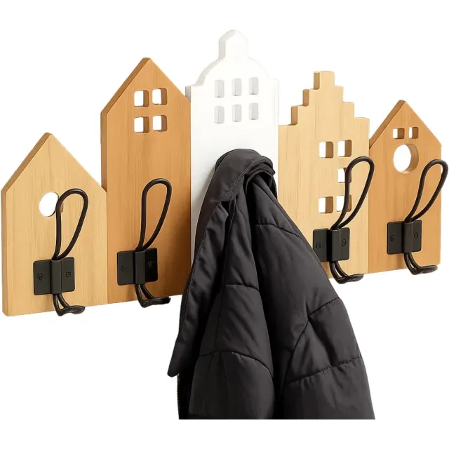 Lomera Kapstok met Huisjes - MDF Kapstok - Wandkapstok - Kapstok met Haken - Decoratieve Kapstok - Huisjes Design - Kapstok voor Hal - Kapstok voor Muur - Kapstok voor Entree - Garderobe nvt
