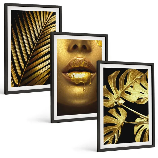 TULUP 4-Delige Schilderij Set - Palmbladeren Vrouwengezicht Monsterabladeren - 40 x 60 cm - Wanddecoratie - Woonkamer Decoratie - Interieur Decoratie Zwarte lijst