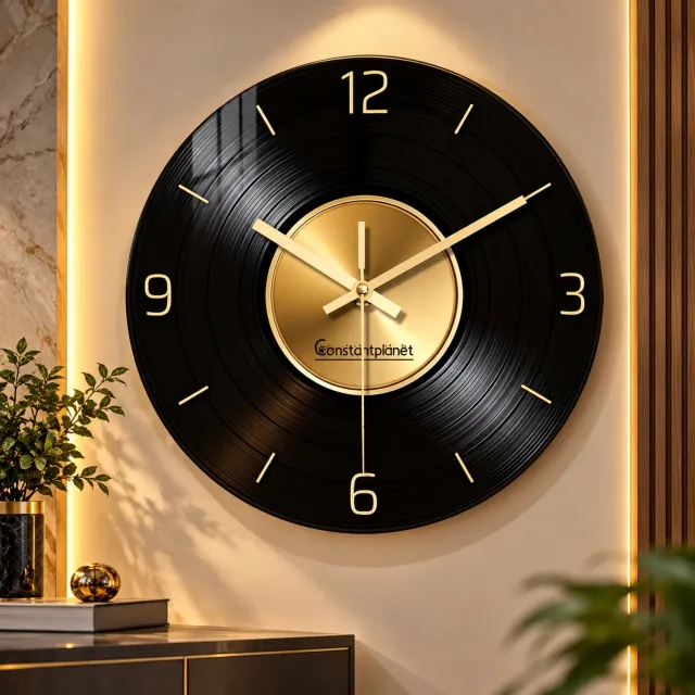 Rojellaa Zwarte Wandklok met Gouden Cijfers en Wijzers, Vinyl Vorm Design