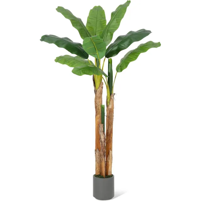 Triumpunpre 180cm Levensechte kunst bananenboom - Kunstmatige tropische plant met grote bladeren en grijze pot - Onderhoudsvrije decoratie voor binnen en overdekte buitenruimtes