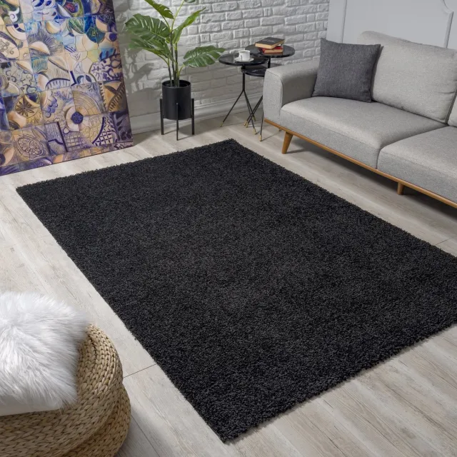 Muratap Loca Shaggy Vloerkleed – Modern Uni Effen – Zwart Hoogpolig & Zacht- 200x290 CM