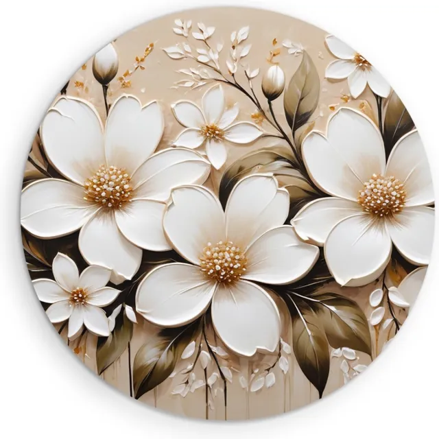 Saammp Muurcirkel Hout - Witte Bloemen - Natuur - Abstract - Ø 70 - Wandcirkel - Wanddecoratie Cirkel - Muurdecoratie Woonkamer - Kantoor Decoratie