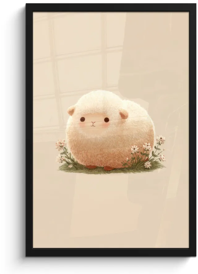 FrameYourWall Poster in lijst - Fotolijst 40x60 cm - Posters - Schaap - Beige - Bloemen - Posterlijst zwart - Decoratie - Wanddecoratie woonkamer - Muurdecoratie slaapkamer