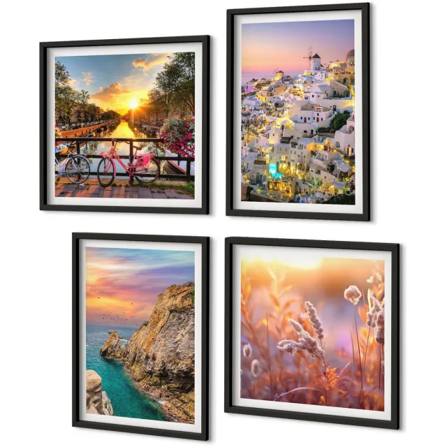 Coloray 4-Delige Schilderij Set - Uitzicht Op Zee Met Zonsondergang En De Stad - 40 x 40 cm En 40 x 60 cm - Wanddecoratie - Woonkamer Decoratie Zwarte lijst