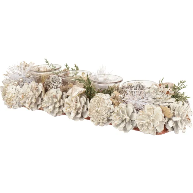 Decoris Feestelijke theelichthouder met dennenappels/sterren wit - L45 x B15x H9 cm