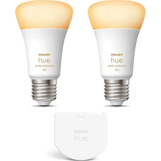 Philips Hue Uitbreidingspakket - E27 - met 2 Standaard Lampen - Warm tot Koelwit Licht - Incl. 1 Hue Wall Switch - Hue White Ambiance