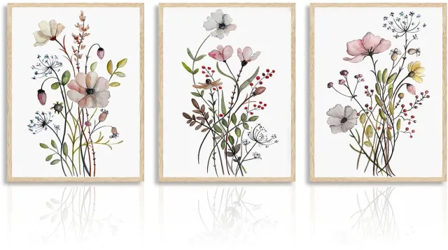 Ibenzoa Verfijnde Kunstwerken van Botanische Bloemen voor een Tijdloze Wanddecoratie in Drie Stuks wit
