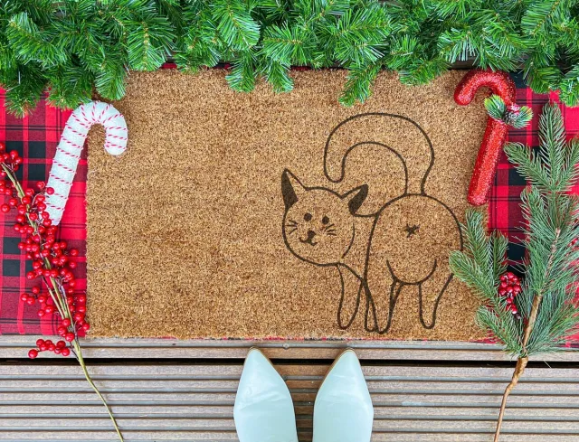 Laser Point Cat | 60x40 cm | Nieuwe huis cadeau | Ingangsmat | Deurmat met stijl | Verhuizing cadeau | Praktisch & trendy | Perfect voor binnenkomst | Cadeau voor nieuwe woning Bruin | Zwart (Gravering 60x40)