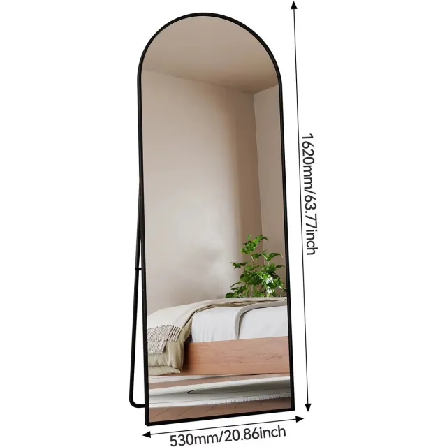 JOYNEXTBUY Staande Spiegel - Vrijstaande Spiegel - Gebogen Spiegel - Vloerspiegel - 162 cm x 63 cm - Aluminium Frame - Zwart