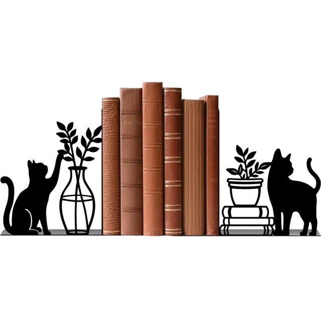 Famanu Boekensteunen van metaal, zwarte kat en vaas, set van 2 stuks voor planken