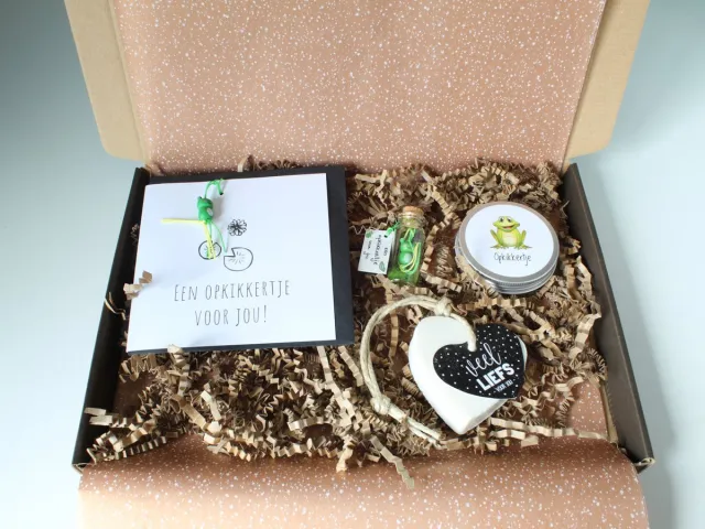 Sammies Giftboxes Brievenbus cadeau 'Opkikkertje' - cadeau beterschap - cadeau opkikker wit/groen