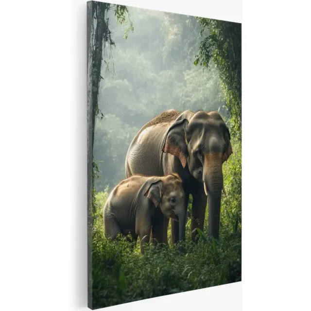 Saammp Canvas Schilderij - 2 Olifanten in de jungel - Dieren - Natuur - 30x45 - Foto op canvas - Wanddecoratie - Muurdecoratie Woonkamer - Slaapkamer decoratie - Canvas Print Multicolor