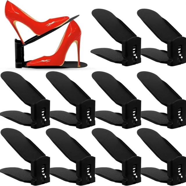 Famanu 10 Stuks Verstelbare schoenenrek, schoenenorganizer, stapelen, schoenen, ruimtebesparend, PP-materiaal, duurzaam en onderhoudsvriendelijk (zwart)