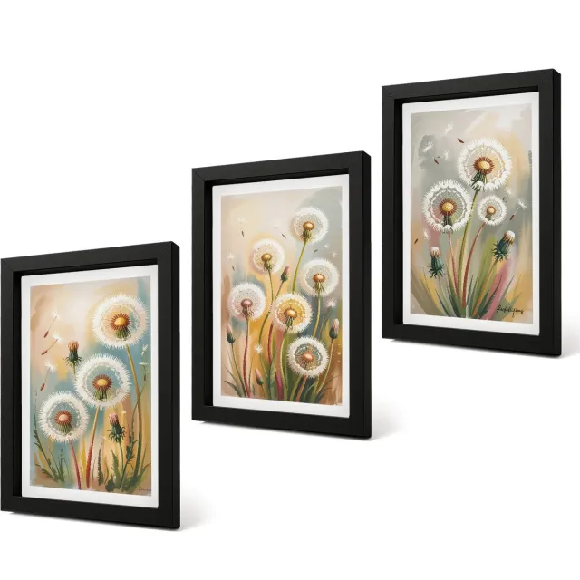 Coloray 4-Delige Schilderij Set - Paardenbloemen tegen een pastelkleurige grasachtergrond - 20 x 30 cm - Schilderijen Set - Wanddecoratie - Woonkamer Zwarte lijst
