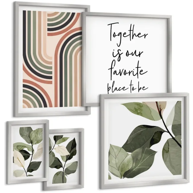 TULUP 4-Delige Schilderij Set - Stijlvolle plantaccenten met geometrische patronen - 50 x 50 cm, 20 x 30 cm en 40 x 60 cm - Moderne Wanddecoratie - Woonkamer - Muurdecoratie Zilveren lijst
