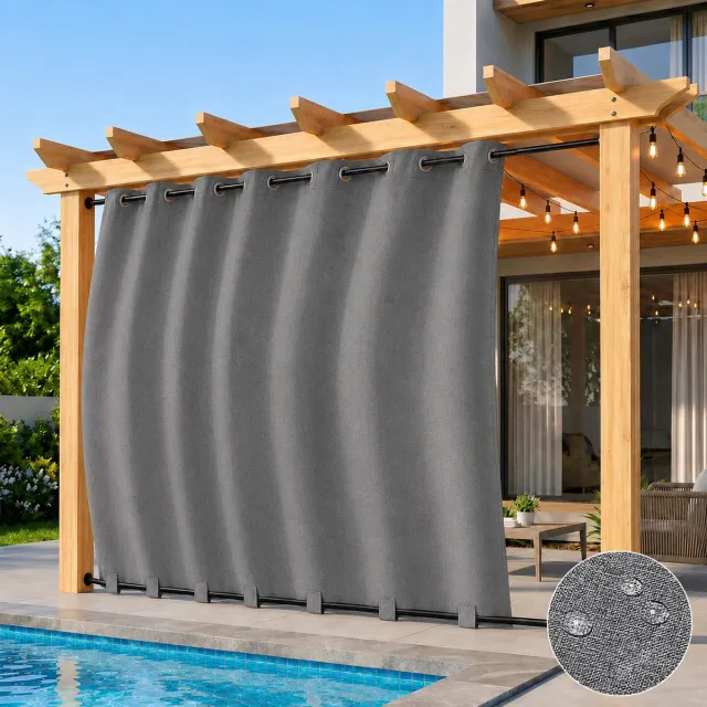 Qelus Linnenlook Buitengordijnen met Ringen en Verborgen Lussen - 254x214 cm - Waterdicht Buitengordijn voor Overkapping - Verduisterend en Winddicht Outdoorgordijn - Linnen Structuur - Grijs - 1 Stuk