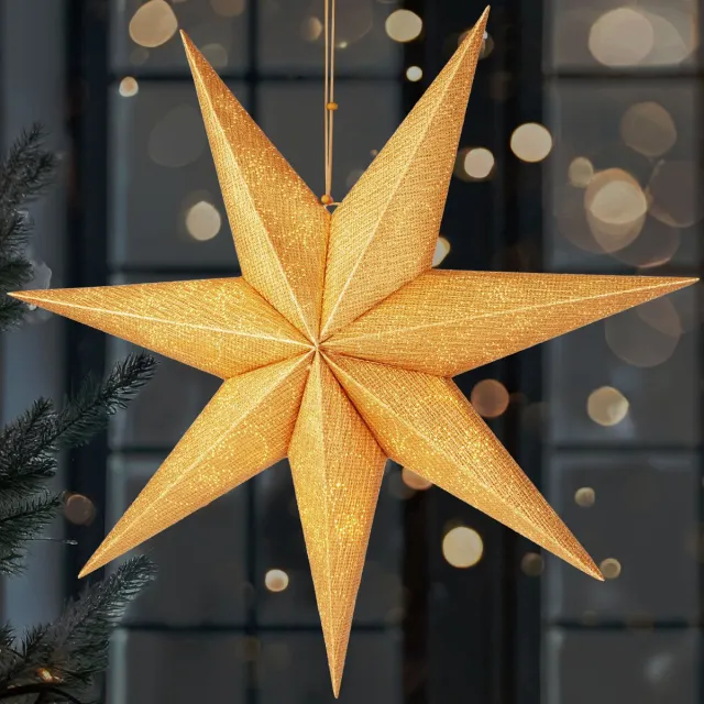 Brubaker 60 cm Kerstster voor Binnen - LED Adventsster Ophangen - Lichtster om op te Hangen voor Raamdecoratie en Kerstdecoratie - Verlichtbaar met Kerstbatterij - 3D Papieren Sterdecoratie - Goud Goud patroon fijn
