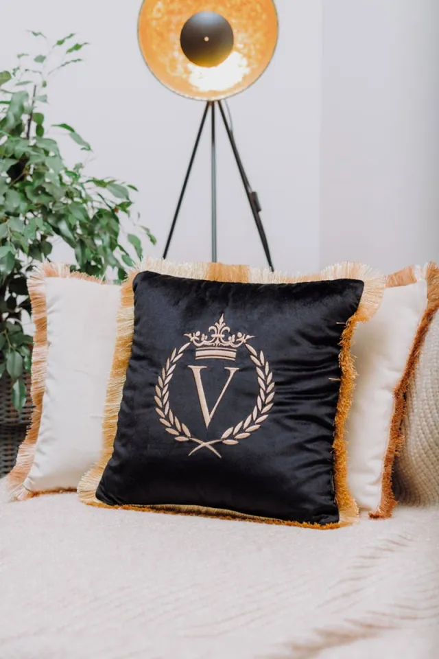 Sandra Mika Embroidered pillow / personalised pillow / monogram pillow / decorative cushion 40x 40 black velvet letter V Zwart