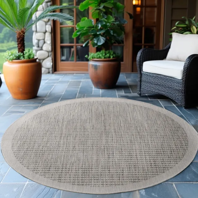 Giza Vloerkleed – Grijs met Kader – Laagpolig & Modern – Voor Binnen & Buiten – 120x120 cm rond
