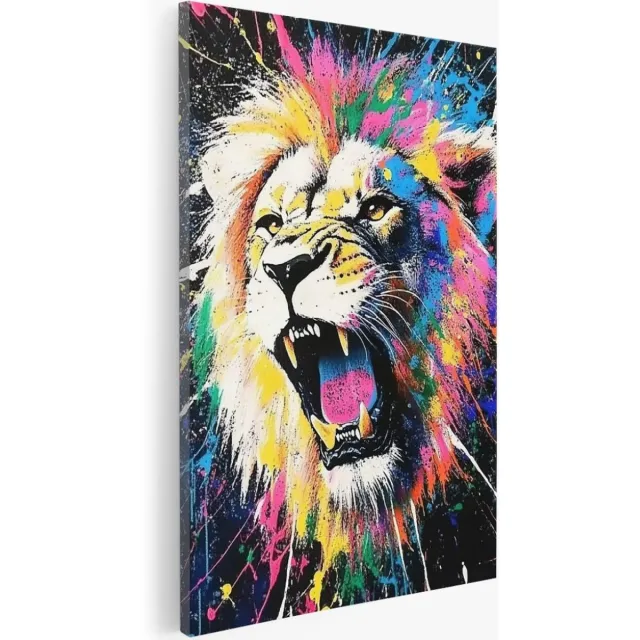 Saammp Canvas Schilderij - Leeuw met verfspetters - Abstract - Dieren - Natuur - 50x70 - Foto op canvas - Wanddecoratie - Muurdecoratie Woonkamer - Slaapkamer decoratie - Canvas Print Multicolor