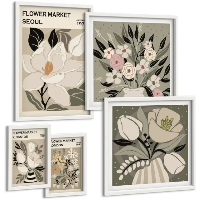 Coloray 5-Delige Schilderij Set - Bloemmotieven Van De Markten Van Londen En Seoul - 50 x 50 cm, 20 x 30 cm En 40 x 60 cm - Wanddecoratie - Schilderijen Set - Kantoor - Woonkamer Decoratie Witte lijst