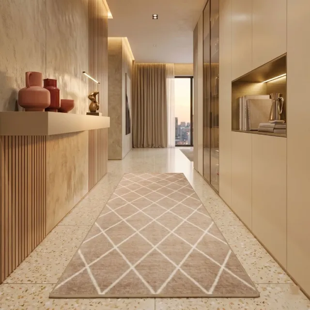 Floordirekt Tapijtloper Cosenza - Op Maat - Modern Ruitdesign- Antislip - Beige - 80 x 100 cm