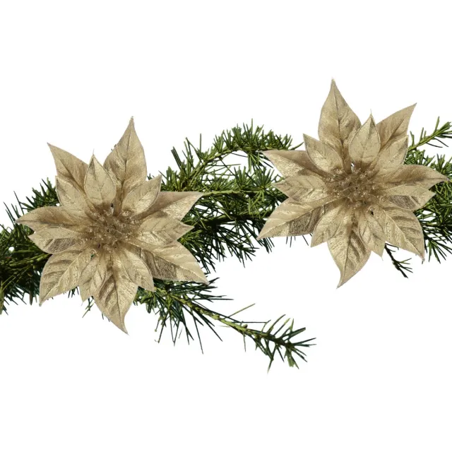 Cosy&Trendy Cosy & Trendy Decoratie bloem - 2x stuks - kerstster - op clip - goud - glitter -18 cm - kunststof - kerstversiering Goudkleurig