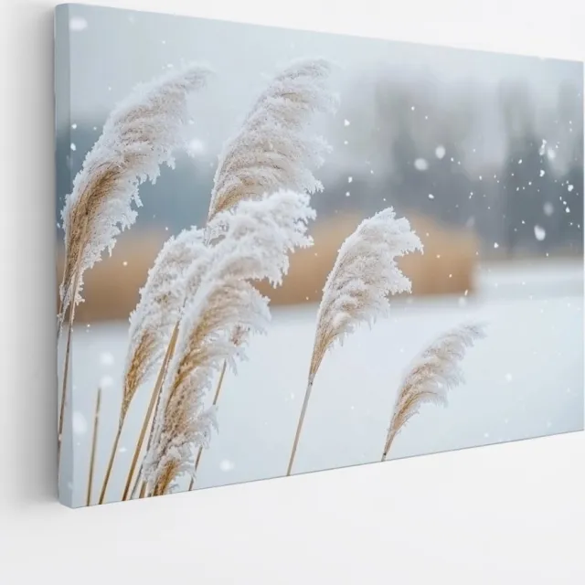 Saammp Canvas Schilderij - Winterse Rietpluimen in de Sneeuw - Natuur - Landschap - 50x40 - Foto op canvas - Wanddecoratie - Muurdecoratie Woonkamer - Kantoor Decoratie Multicolor