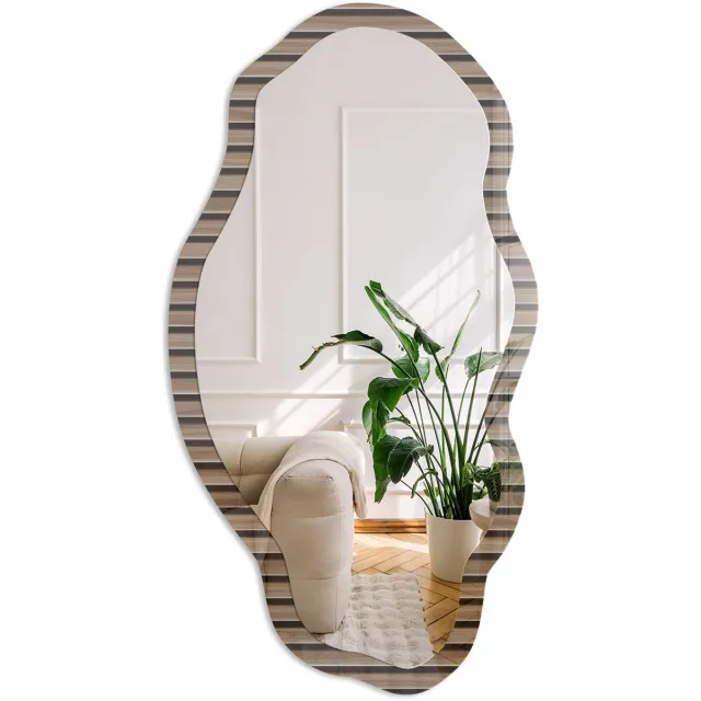 Coloray Houten Stroken Spiegel - Bruin Rechthoekige Spiegel Met Modern Design - Organische Spiegel - Woonkamer, Kantoor, Hal - Minimalistisch - 45x90 cm - Totale afmeting 52x97 cm Houten StrepenMotief, Bruin