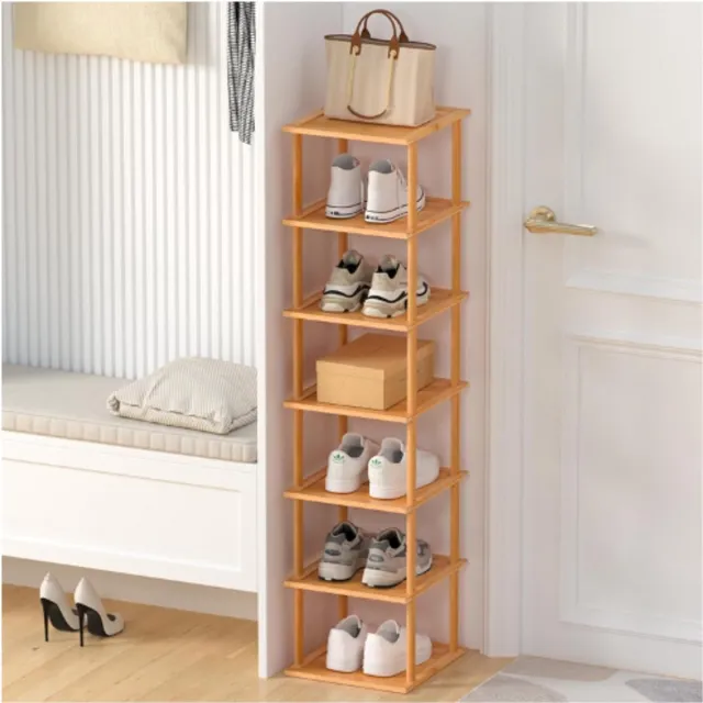 BOG 7-Laags Vertical Schoenenrek - Vrijstaand Smal Schoenopbergsysteem - Bamboe Schoenenkast Organizer Voor Kleine Ruimtes - Garage, Kast, Hal, Woonkamer BEIGE