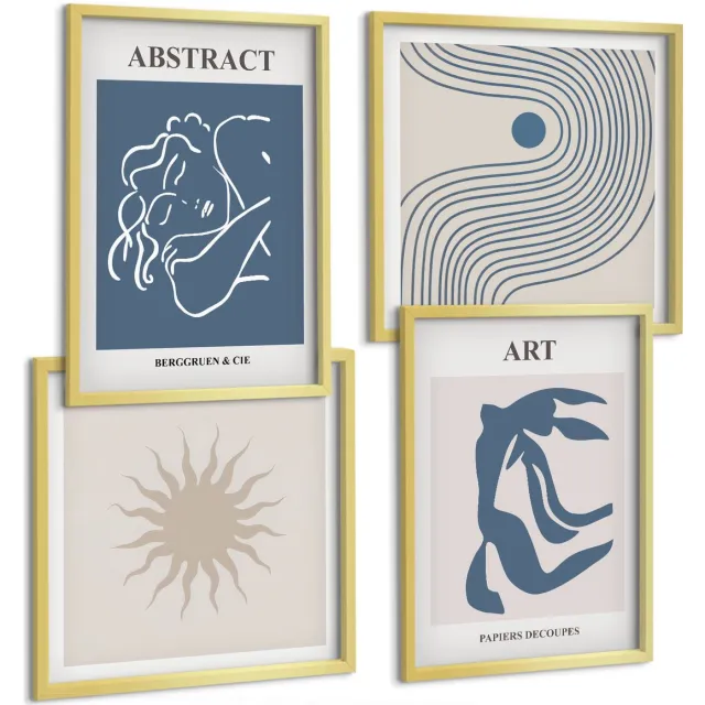 TULUP 4-Delige Schilderij Set - Stijlvolle abstracte patronen met figuren en bloemen van Matisse - 40 x 40 cm en 40 x 60 cm - Wanddecoratie - Schilderijen Set - Kantoor Gouden lijst