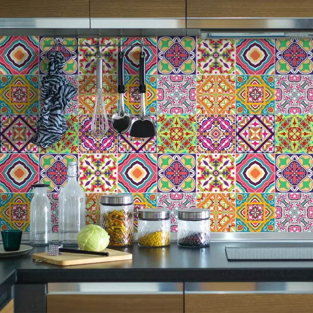 Ambiance Sticker Zelfklevende tegelmuurstickers voor keuken en badkamer - 9 AZULEJOS ANALIS tegelstickers - 9 stickers 10x10cm Multi color
