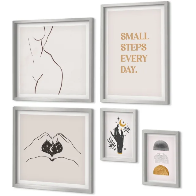 Coloray 5-Delige Schilderij Set - Bloemen En Abstract Marmerpatroon - 20 x 30 cm - Wanddecoratie - Schilderijen Set - Kantoor - Moderne Wanddecoratie Zilveren lijst