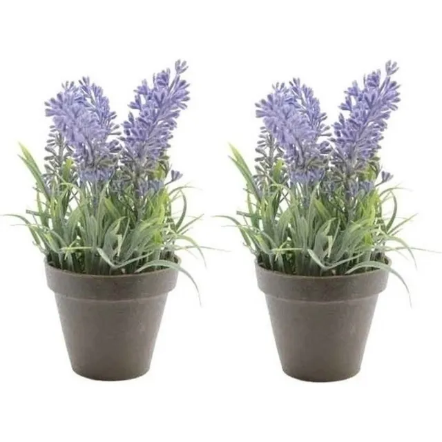 Bellatio Flowers & Plants Bellatio Kunstplant - 2x stuks - lavendel - paars - 17 cm - in pot - lavandula - Kunstplanten/nepplanten