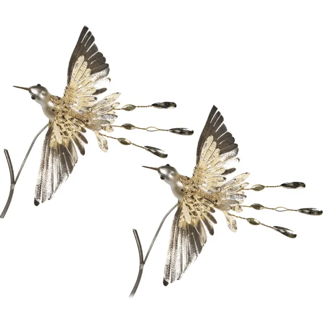 Viv! Christmas Kerstdecoratie vogel - Kolibrie op clip - 2 stuks - champagne goud - 20cm