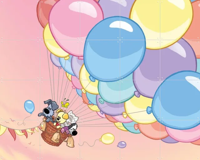 IXXI Woezel & Pip in de Luchtballon, Woezel & Pip & Van Hoorne Studios - 100 x 80 cm - Grote wanddecoratie en posters - Fantasierijk, Speels Roze / Geel