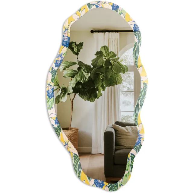 TULUP Tropische Bloemen Spiegel - Geel Rechthoekige Spiegel Voor Interieur - Organische Spiegel - Woonkamer - Illustratief - 45x90 cm - Totale afmeting 52x97 cm Tropische Bloemen, Geel