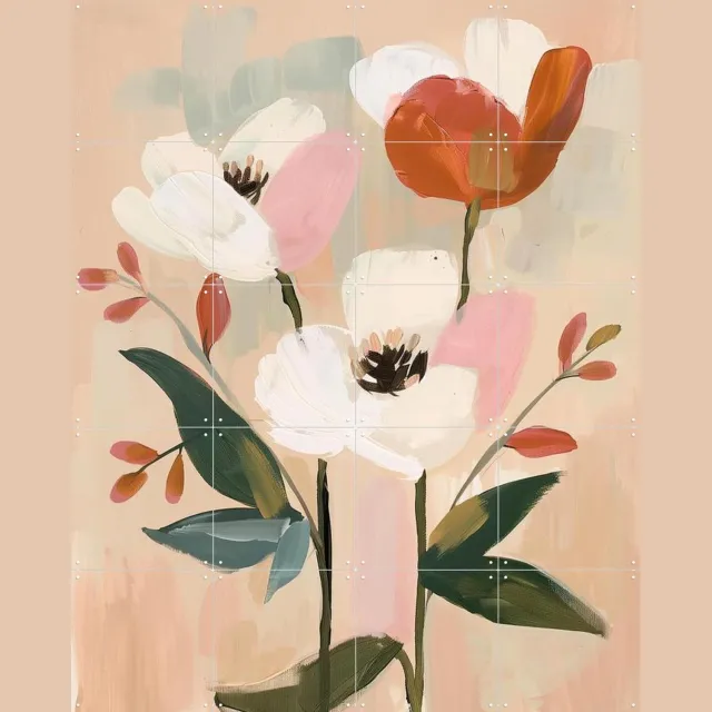 IXXI Soft Blossom, Branka Kodžoman - 80 x 100 cm - Grote wanddecoratie en posters - Modern, Kwaststreken, Eetkamer, Woonkamer, Slaapkamer, Gang Beige / Roze / Oranje