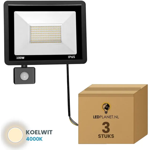 Tsong LED Schijnwerper 100W - 3 stuks - 12.000 lm - Koelwit 4000K - 120° Breedstraler - Bewegingssensor - IP65 - Buitenlamp & Gevelverlichting - 2 jaar garantie