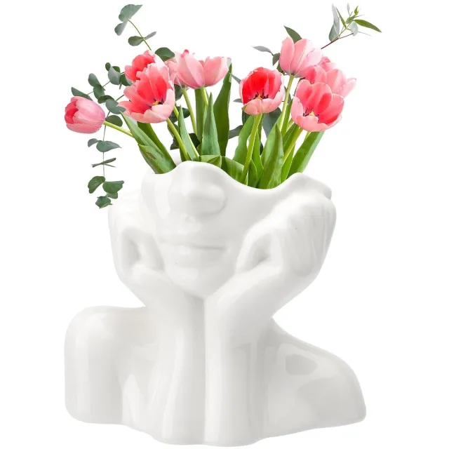 By Shayne Keramische Bloemenvaas - 19 x 9 cm - Wit met Gezicht - Moderne Esthetische Vazendecoratie voor Woonkamer, Tafeldecoratie en Bureau