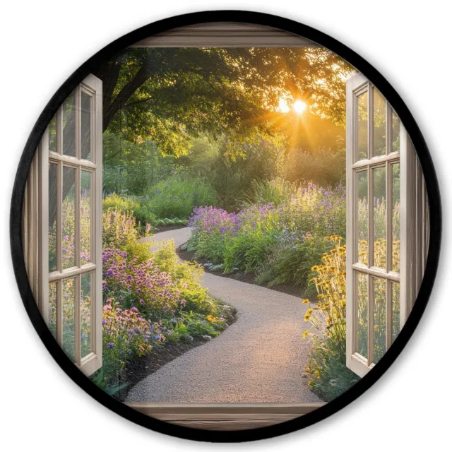 FrameYourWall Poster in lijst Rond - Fotolijst 40x40 cm - Posters - Doorkijk - Bloemen - Natuur - Zon - Pad - Ronde posterlijst zwart - Decoratie - Wanddecoratie woonkamer - Muurdecoratie slaapkamer