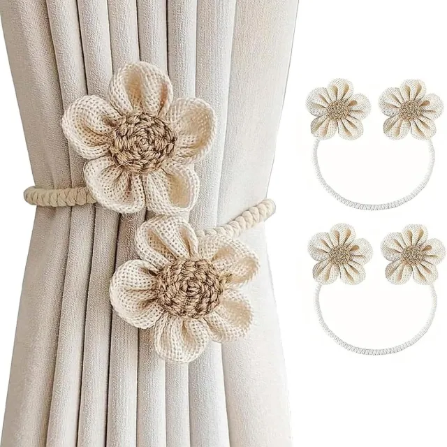 OEMG 2 stuks gordijnbinders, bloemmotief, handgemaakte gordijnbinders, bohemian gordijnbinders, gordijnhouders zonder boren, voor huis- en kantoordecoratie, beige Veelkleurig