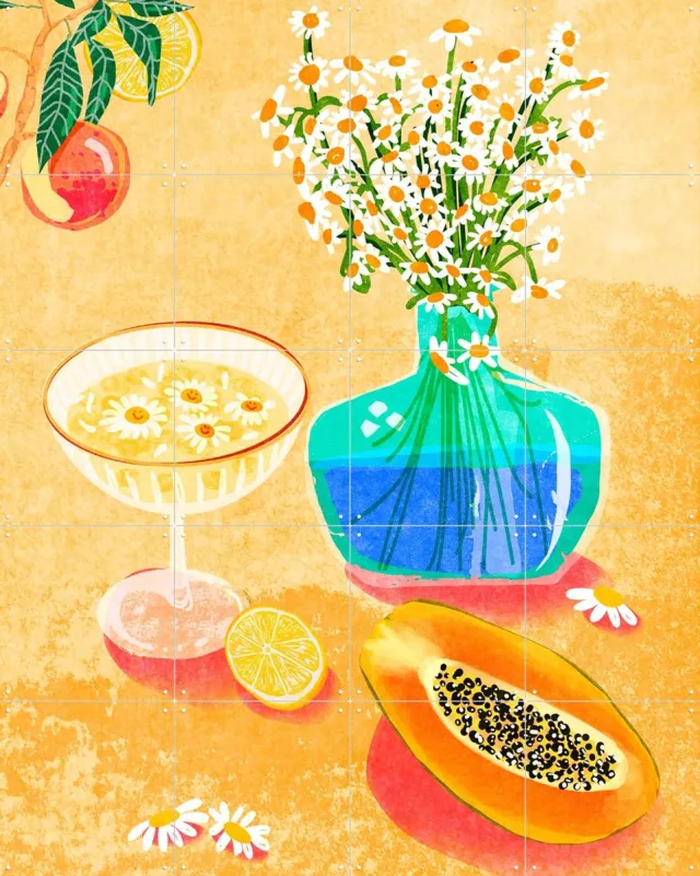 IXXI Still Life Summer Vibes, Raissa Oltmanns - 80 x 100 cm - Grote wanddecoratie en posters - Illustraties, Kleurrijk, Speels, Aquarel, Woonkamer Geel