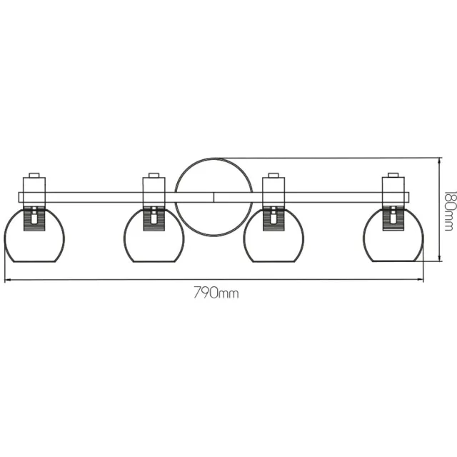 Fantasia Aris plafondlamp met balkvormig zwart stalen frame, 4x E14-fitting en kappen van helder glas, 790 x 180 mm, IP20.