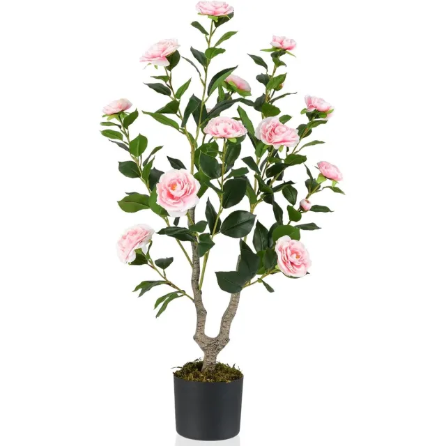 KOMFOTTEU 90 cm kunstboom met 16 bloemen, kunstplant, kunstplant, cameliaboom, kamerplant decoratie in cementpot, decoratieve plant, groene plant met 116 bladeren, kunstbloem, binnendecoratie Roze