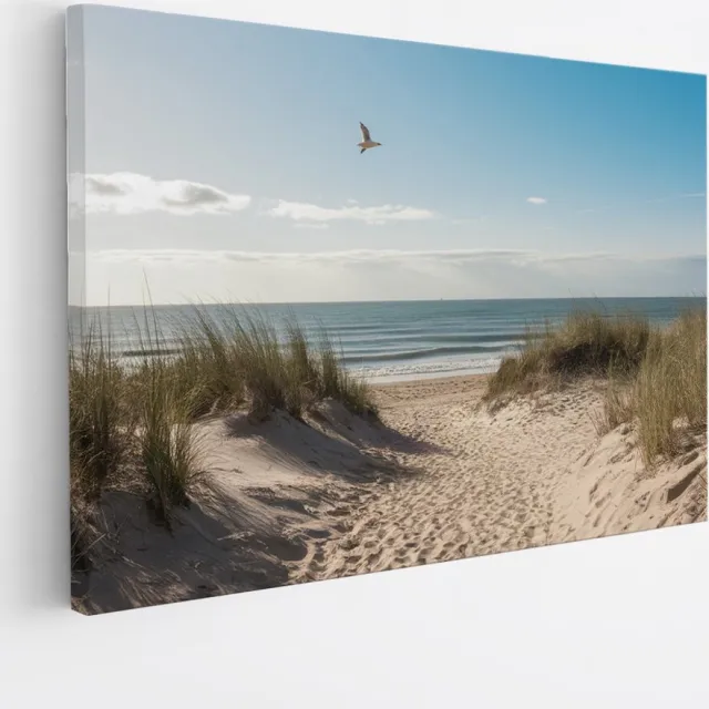 Saammp Canvas Schilderij - Strand En Zee - Vogel - Pad Vanuit de duinen - 100x75 - Foto op canvas - Wanddecoratie - muurdecoratie Woonkamer - Slaapkamer decoratie - Canvas Print Multicolor